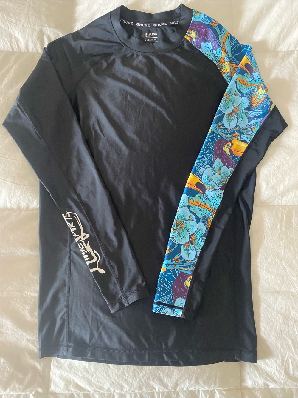 Black Long-Sleeve Swim Top with Blue Tropical Sleeve